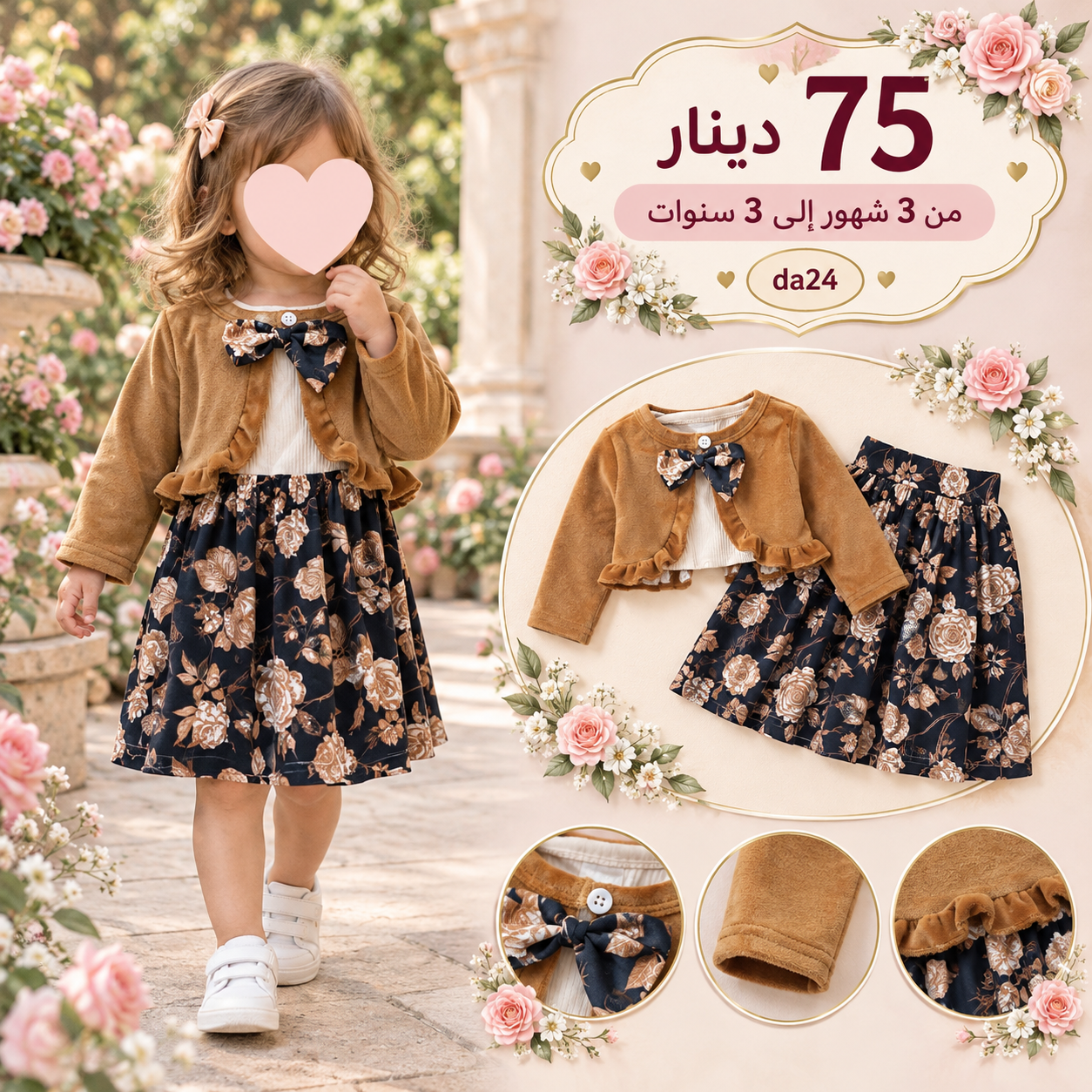 ⁦فستان بنات شتوي اطفال (بني) (من 3 شهور إلى 3 سنوات)⁩ - الصورة ⁦1⁩