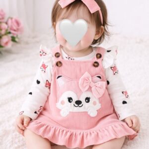 فستان بنات وردي قطعتين (0-18 شهر)