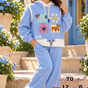 بيجامة بنات ورد لون سحابي (من 6 سنوات الى 12 سنة)